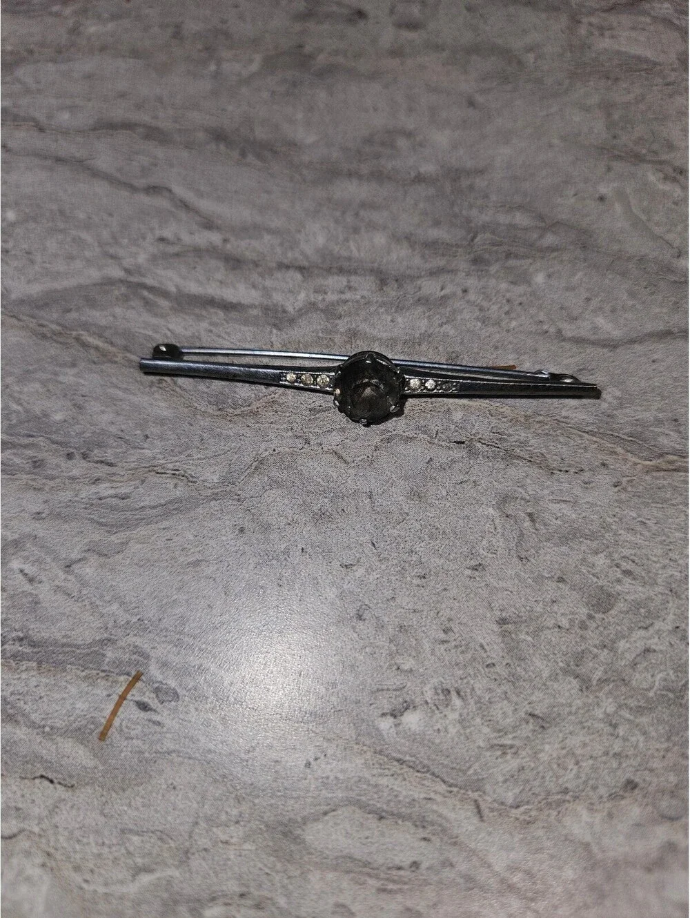 Vintage Silver-Tone Bar Pin Brooch with Black Stone and Clear Rhinestones